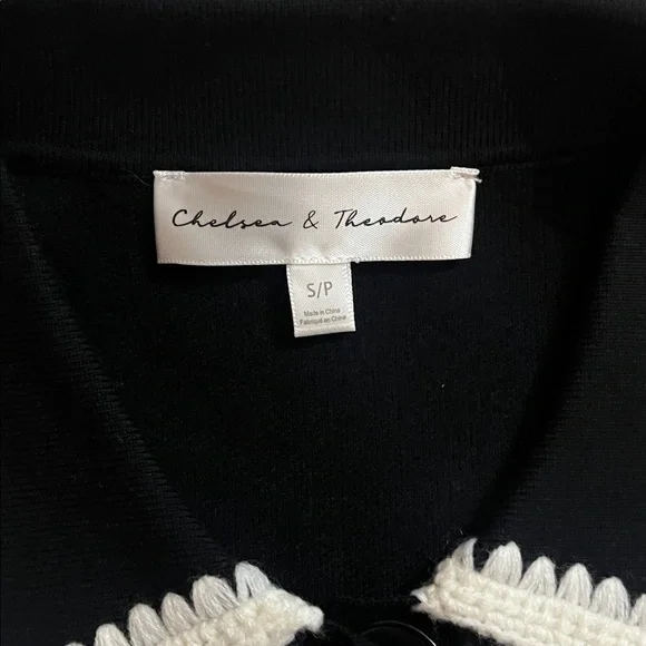 Chelsea & Theodore Black Cardigan with Knit Embroidered White Trim Details Small - Picture 4 of 8